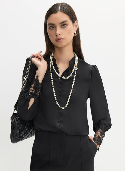 Women Button-Up Lace Detail Blouse Black | Melanie Lyne