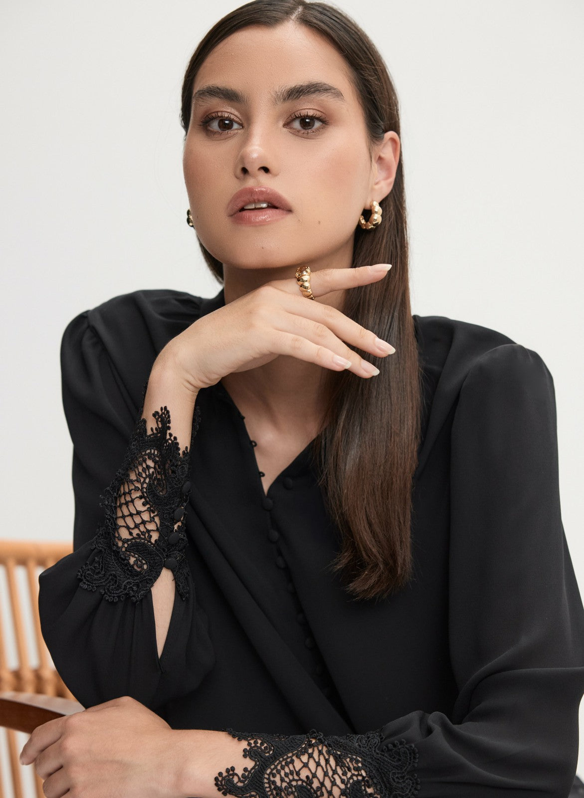 Women Button-Up Lace Detail Blouse Black | Melanie Lyne