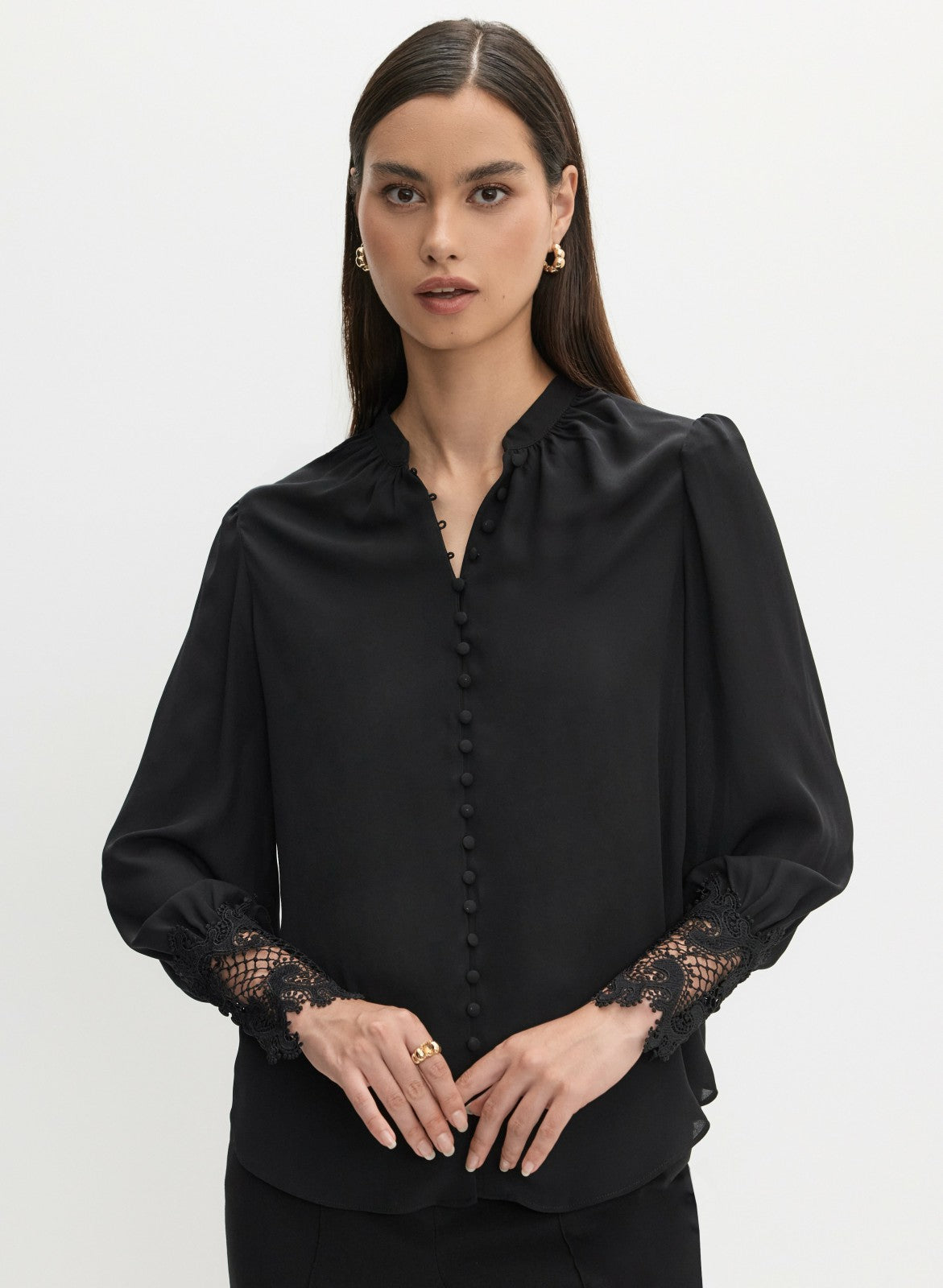 Women Button-Up Lace Detail Blouse Black | Melanie Lyne