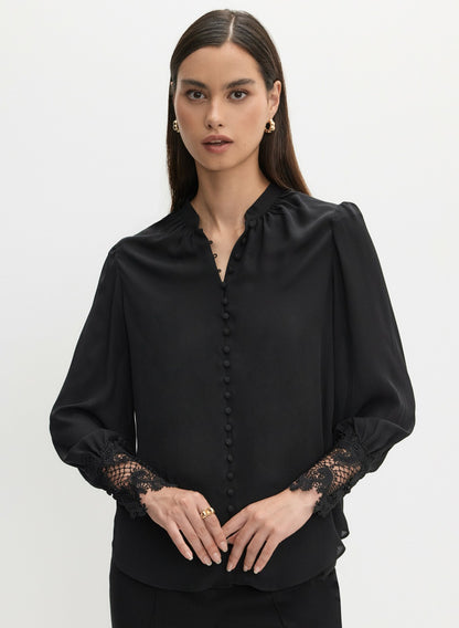Women Button-Up Lace Detail Blouse Black | Melanie Lyne