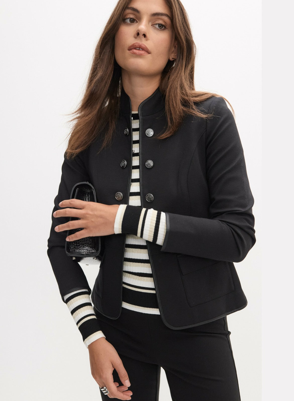 Women Button Detail Stand Collar Jacket Black | Melanie Lyne