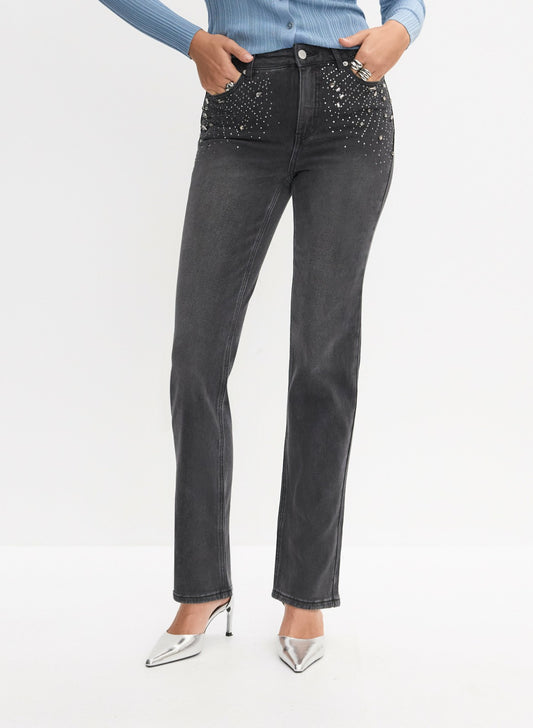Women Rhinestone Detail Straight Leg Jeans Dark Grey | Melanie Lyne