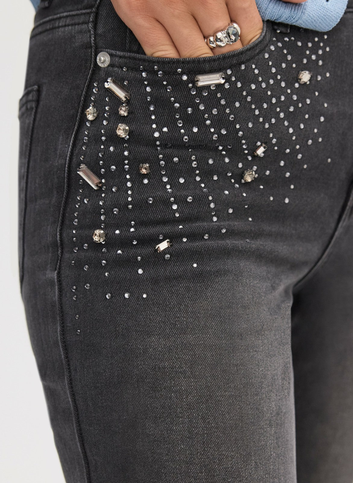 Women Rhinestone Detail Straight Leg Jeans Dark Grey | Melanie Lyne
