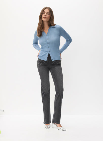 Women Rhinestone Detail Straight Leg Jeans Dark Grey | Melanie Lyne