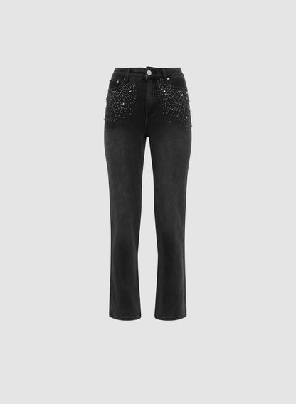 Women Rhinestone Detail Straight Leg Jeans Dark Grey | Melanie Lyne