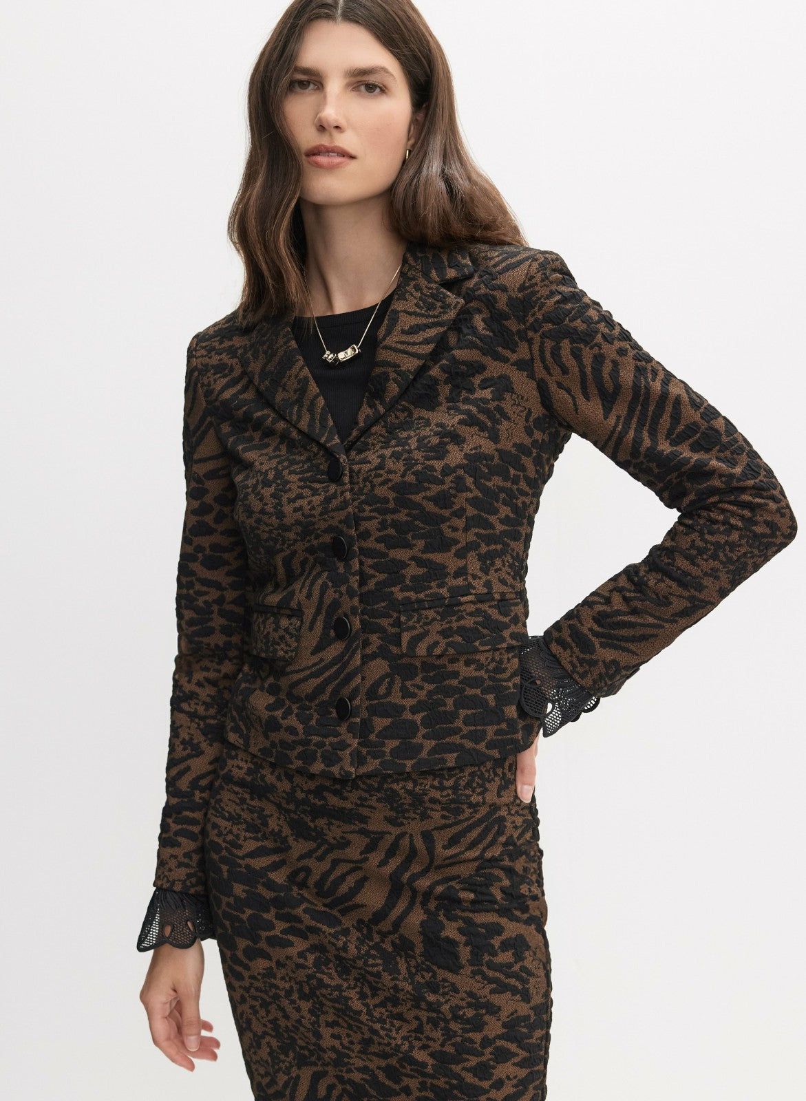 Women Leopard Jacquard Jacket Brown Pattern | Melanie Lyne