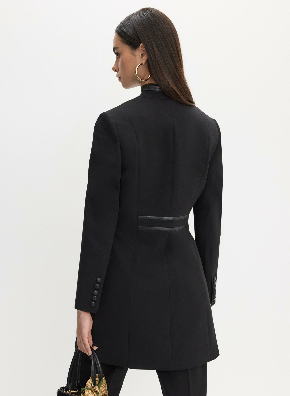 Women Vegan Leather Detail Redingote Jacket Black | Melanie Lyne
