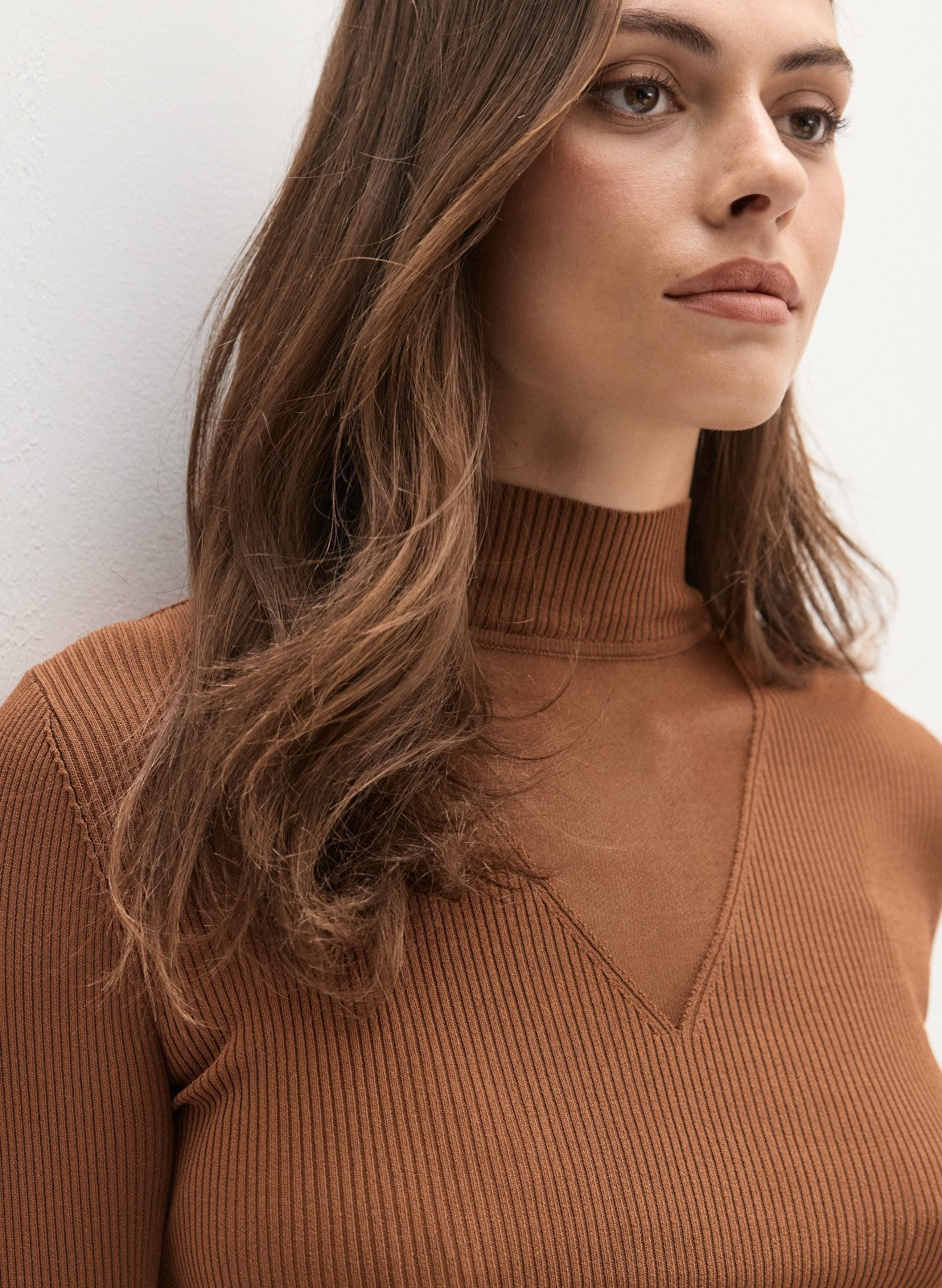 Women Sheer Panel Mock Neck Sweater Cognac | Melanie Lyne