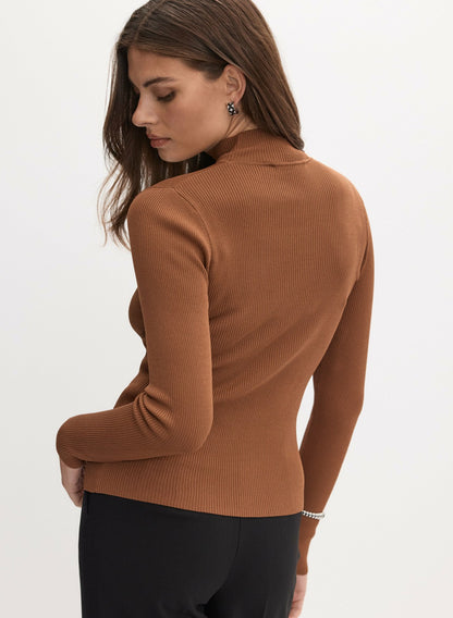 Women Sheer Panel Mock Neck Sweater Cognac | Melanie Lyne