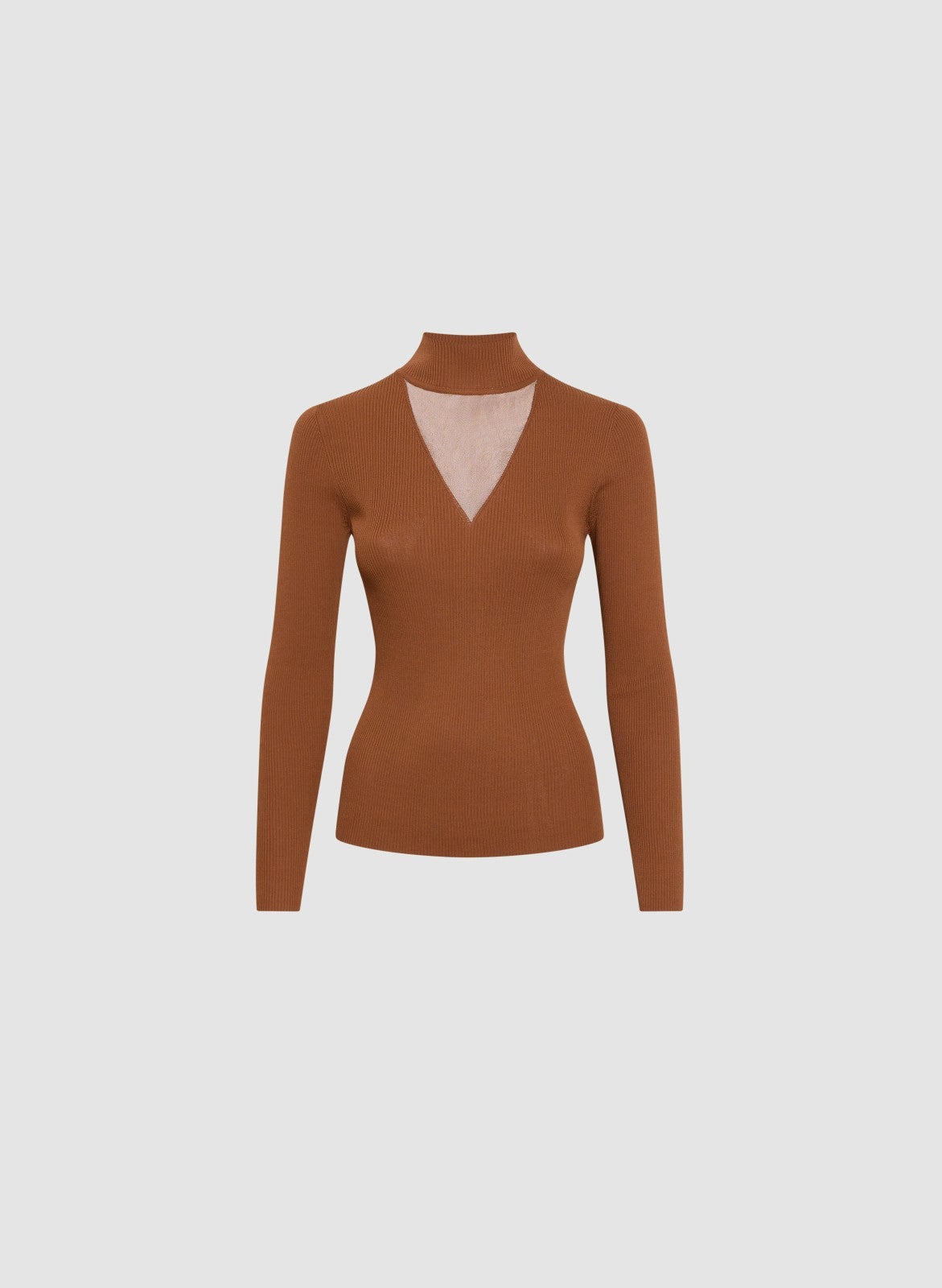 Women Sheer Panel Mock Neck Sweater Cognac | Melanie Lyne