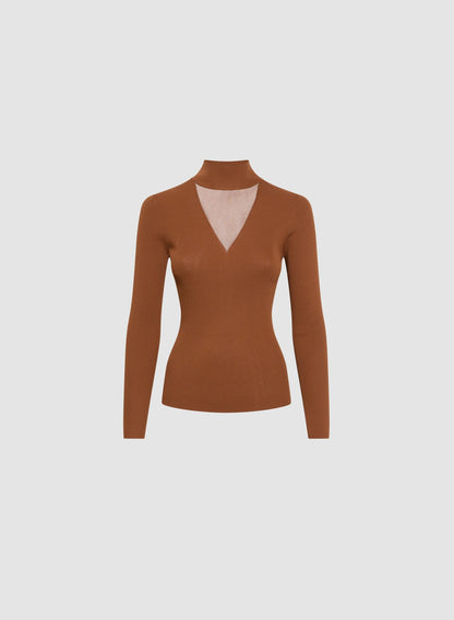 Women Sheer Panel Mock Neck Sweater Cognac | Melanie Lyne