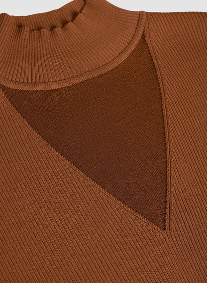 Women Sheer Panel Mock Neck Sweater Cognac | Melanie Lyne
