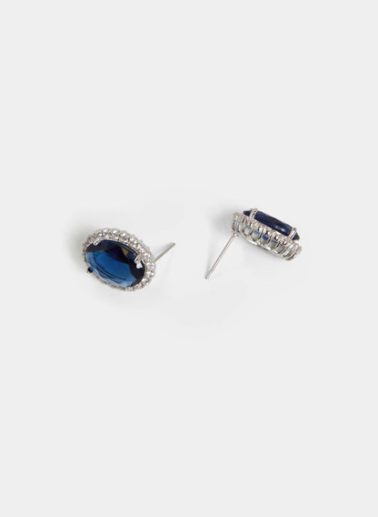 Women Crystal Border Oval Stud Earrings Cool Blue | Melanie Lyne
