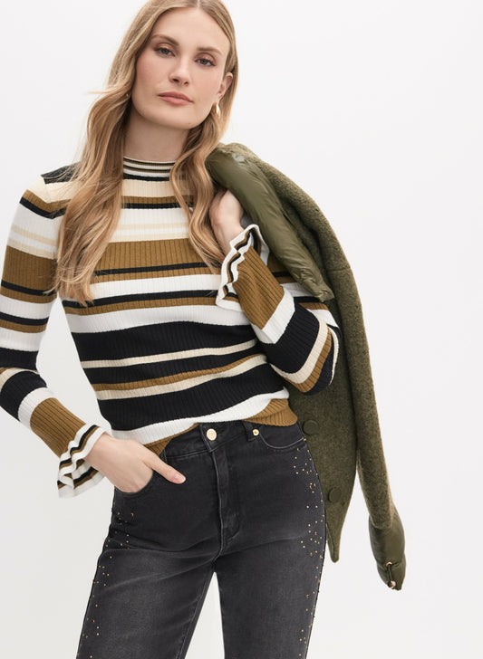 Women Striped Ruffle Sleeve Sweater Black Pattern | Melanie Lyne