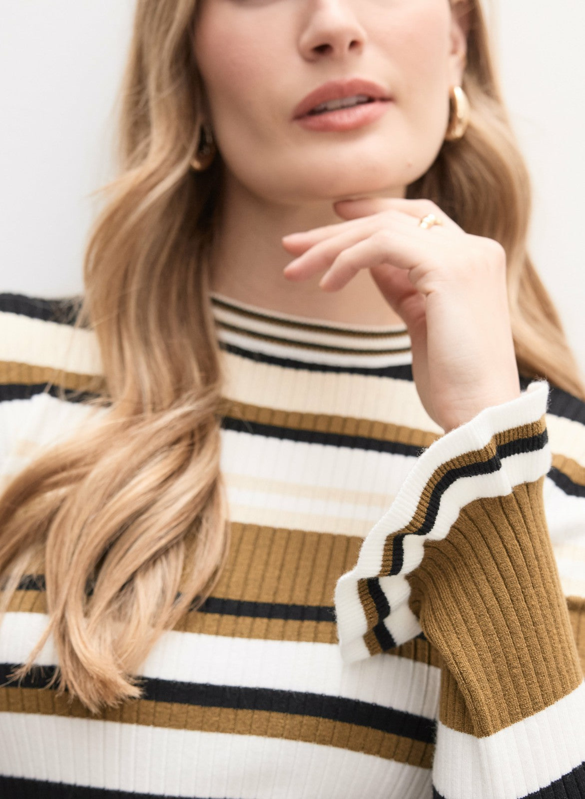 Women Striped Ruffle Sleeve Sweater Black Pattern | Melanie Lyne