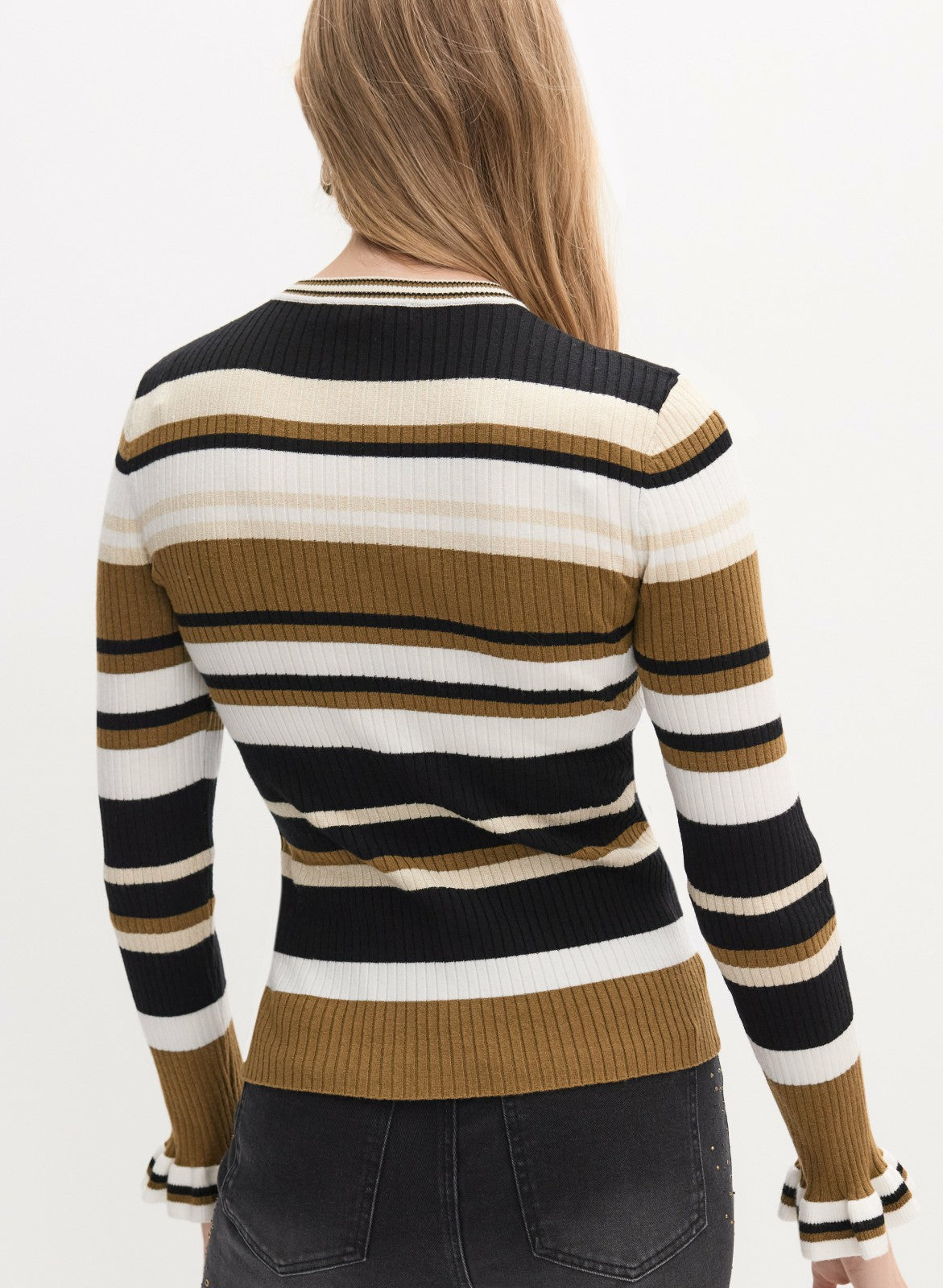Women Striped Ruffle Sleeve Sweater Black Pattern | Melanie Lyne