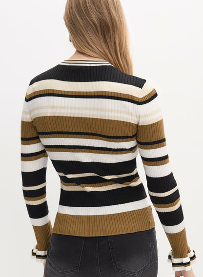 Women Striped Ruffle Sleeve Sweater Black Pattern | Melanie Lyne
