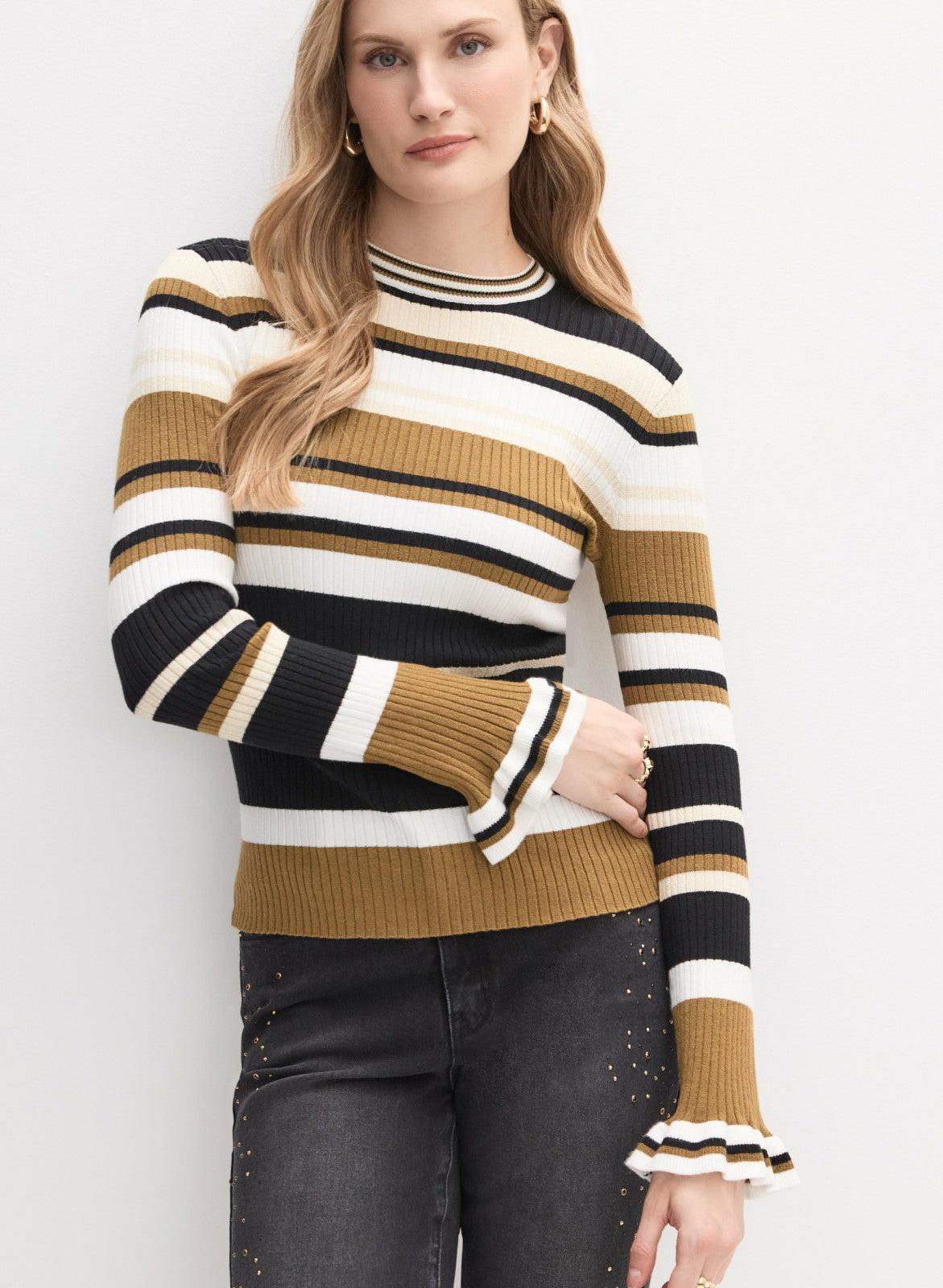 Women Striped Ruffle Sleeve Sweater Black Pattern | Melanie Lyne