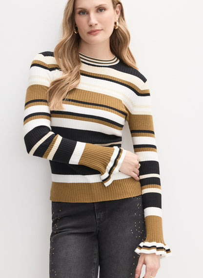 Women Striped Ruffle Sleeve Sweater Black Pattern | Melanie Lyne