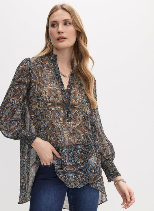 Women Abstract Print Notch Collar Blouse Blue Pattern | Melanie Lyne