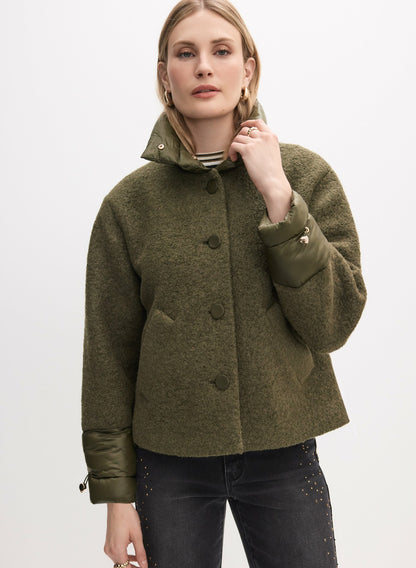 Women Mixed Puffer Detail Wool Coat Winter Moss | Melanie Lyne