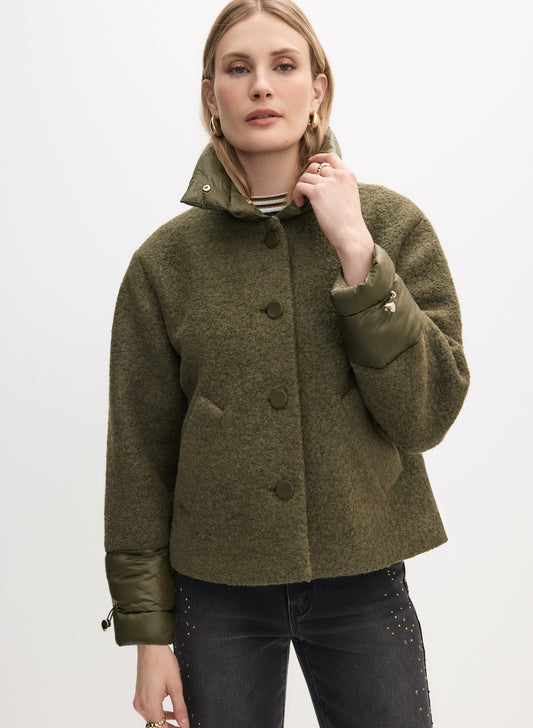 Women Mixed Puffer Detail Wool Coat Winter Moss | Melanie Lyne