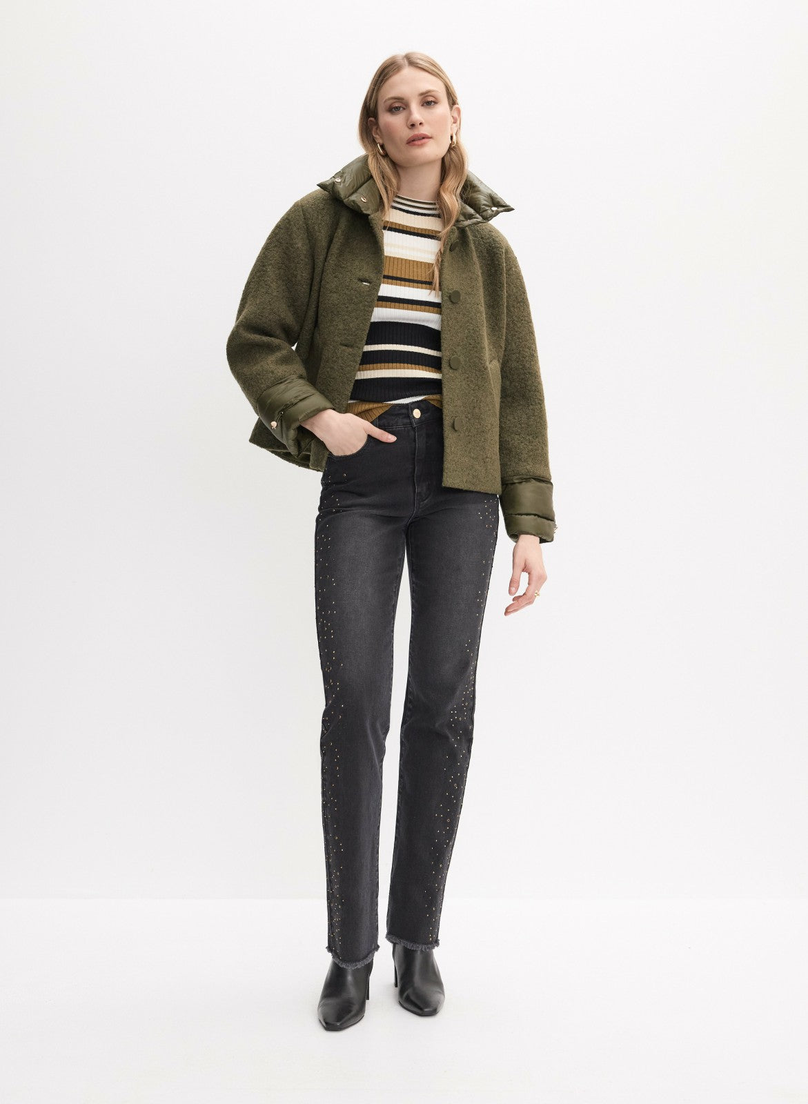 Women Mixed Puffer Detail Wool Coat Winter Moss | Melanie Lyne