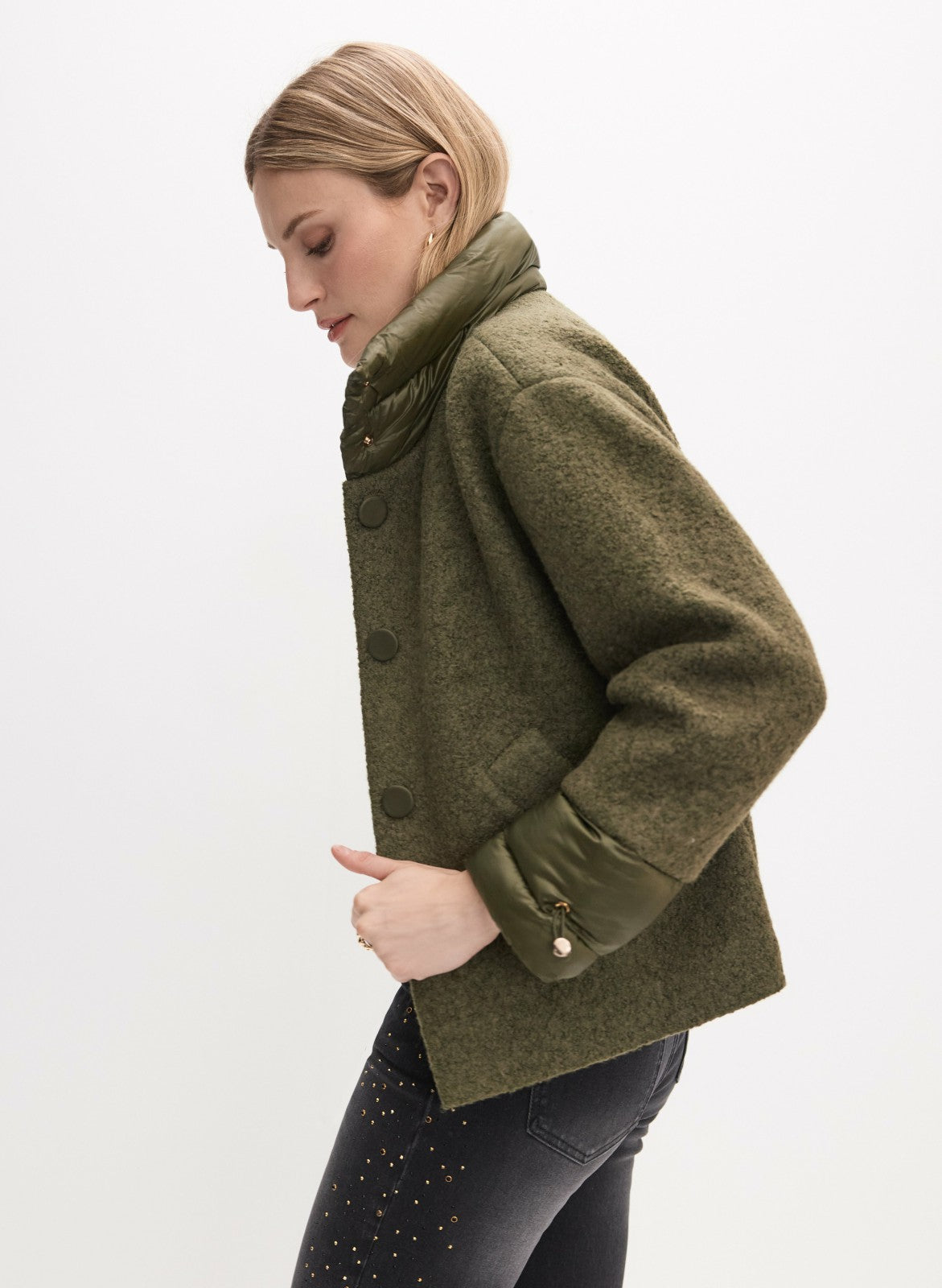 Women Mixed Puffer Detail Wool Coat Winter Moss | Melanie Lyne
