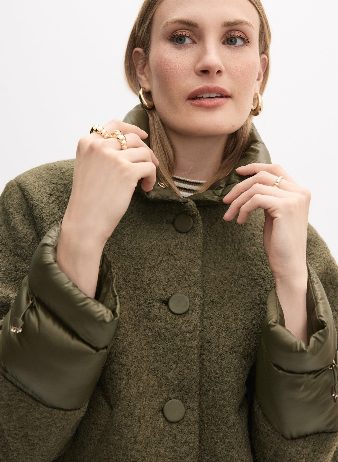 Women Mixed Puffer Detail Wool Coat Winter Moss | Melanie Lyne