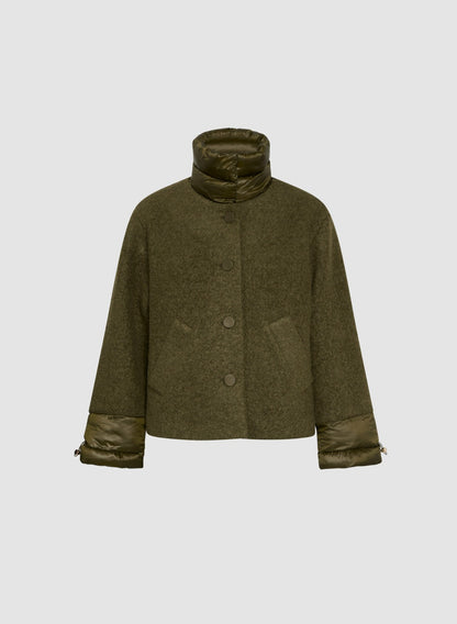 Women Mixed Puffer Detail Wool Coat Winter Moss | Melanie Lyne