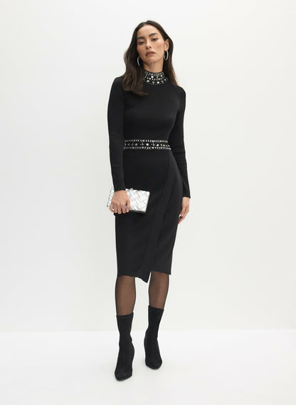 Women Joseph Ribkoff - Mock Neck Rhinestone Detail Dress Black | Melanie Lyne