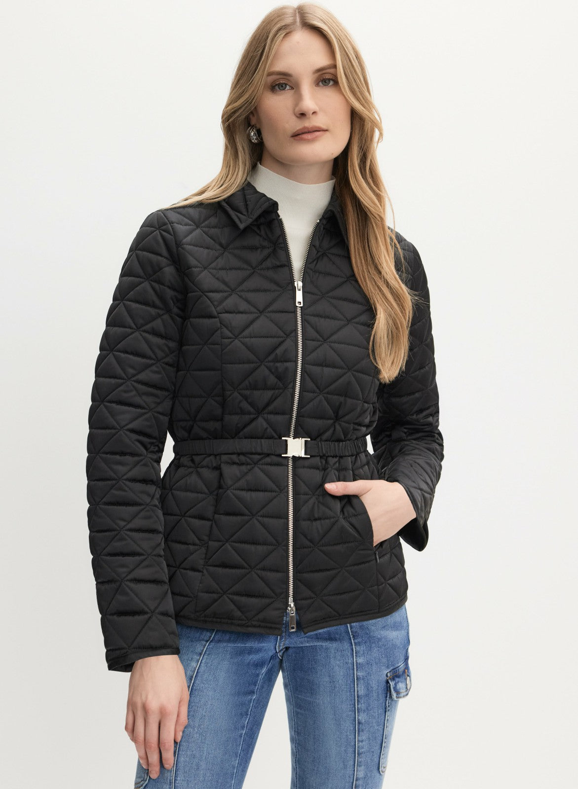 Women Belted Diamond Quilt Coat Black | Melanie Lyne