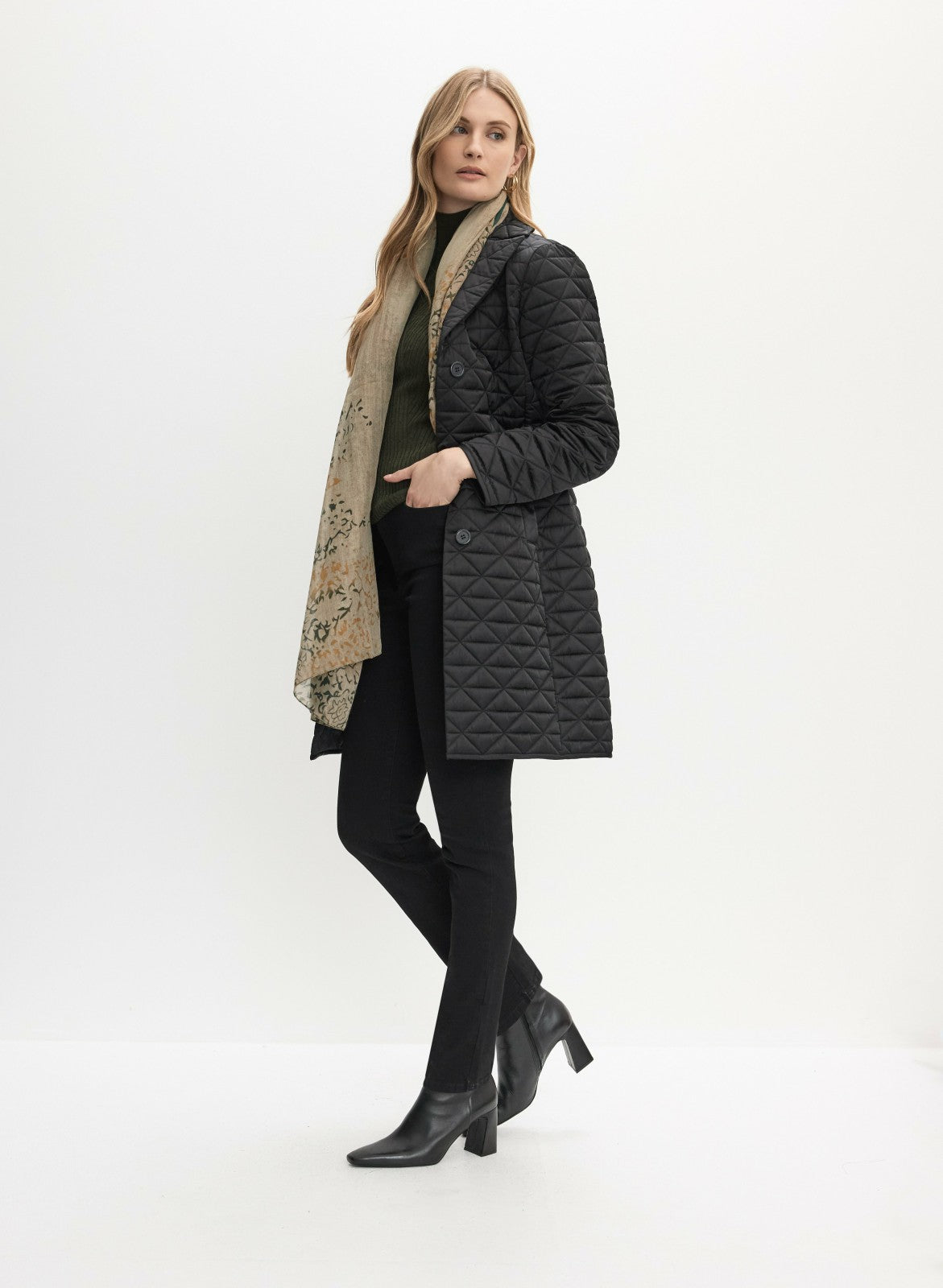Women Notch Collar Diamond Quilt Coat Black | Melanie Lyne