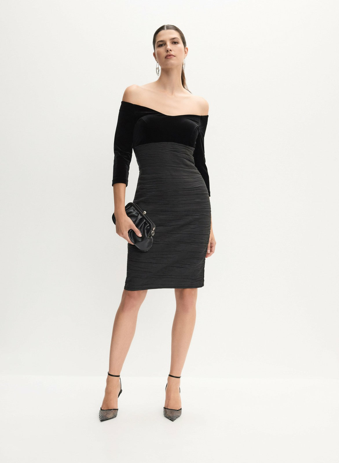 Women Mixed Bardot Midi Dress Black | Melanie Lyne
