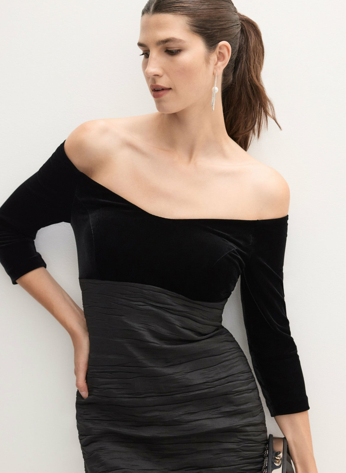 Women Mixed Bardot Midi Dress Black | Melanie Lyne