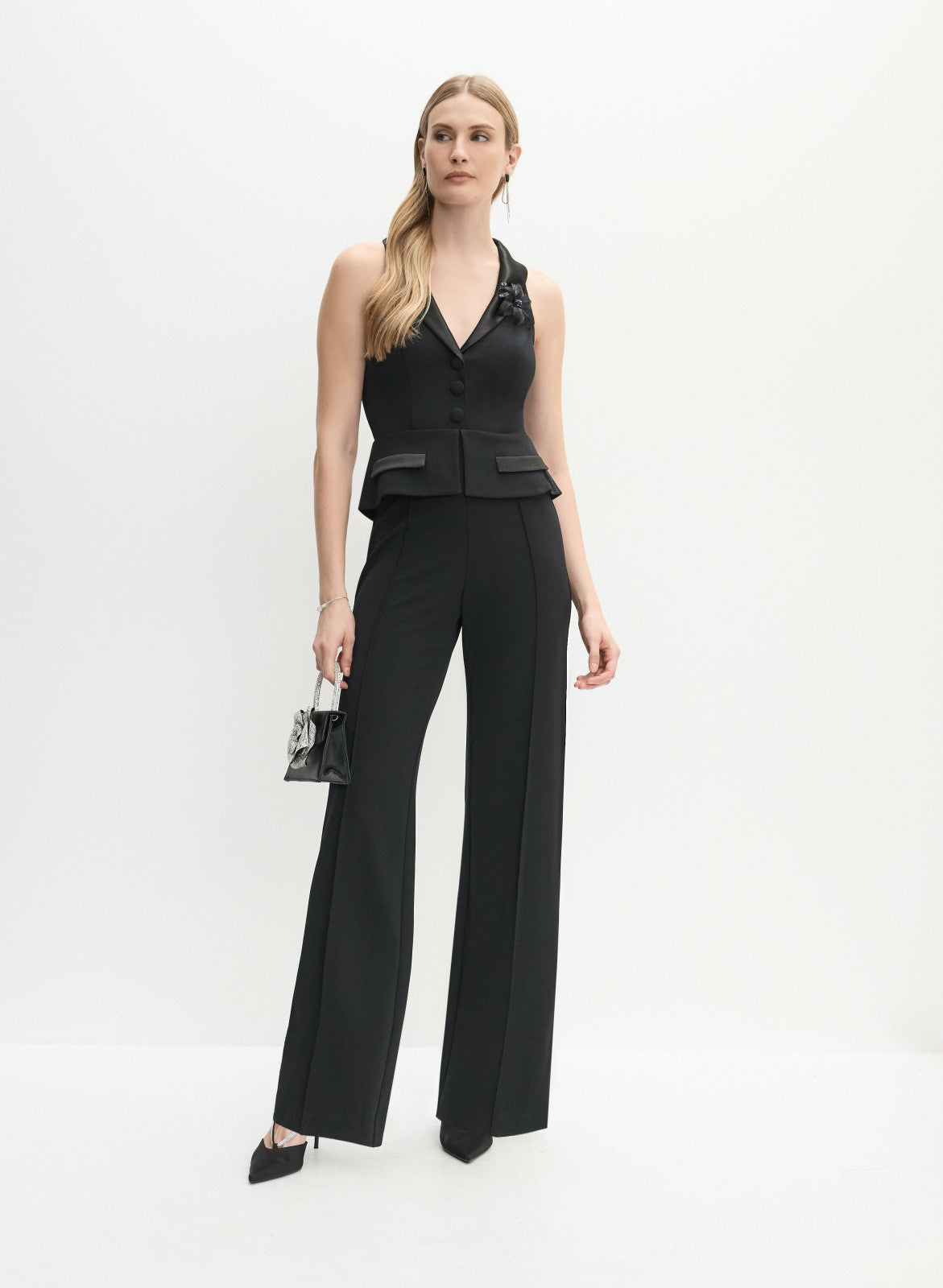 Women Adrianna Papell - Tuxedo Vest Jumpsuit Black | Melanie Lyne