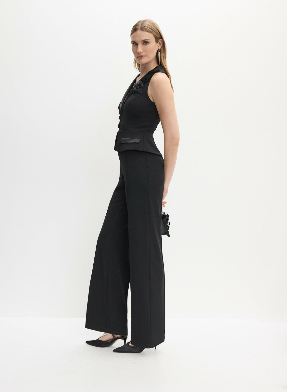 Women Adrianna Papell - Tuxedo Vest Jumpsuit Black | Melanie Lyne