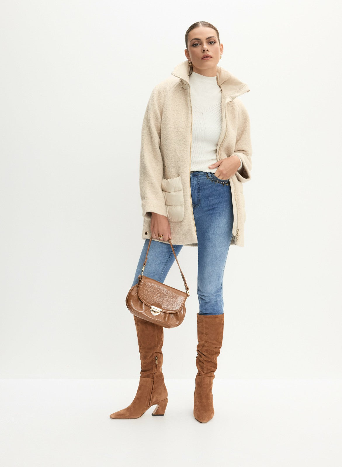 Women Mixed Puffer Wool-Blend Coat Oyster | Melanie Lyne