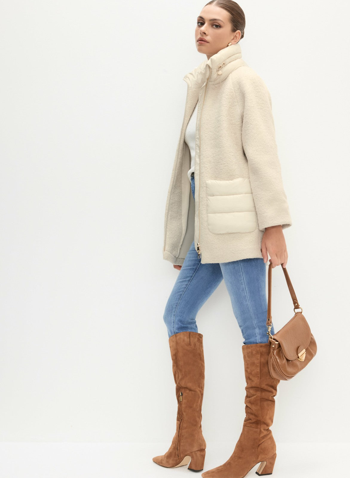 Women Mixed Puffer Wool-Blend Coat Oyster | Melanie Lyne