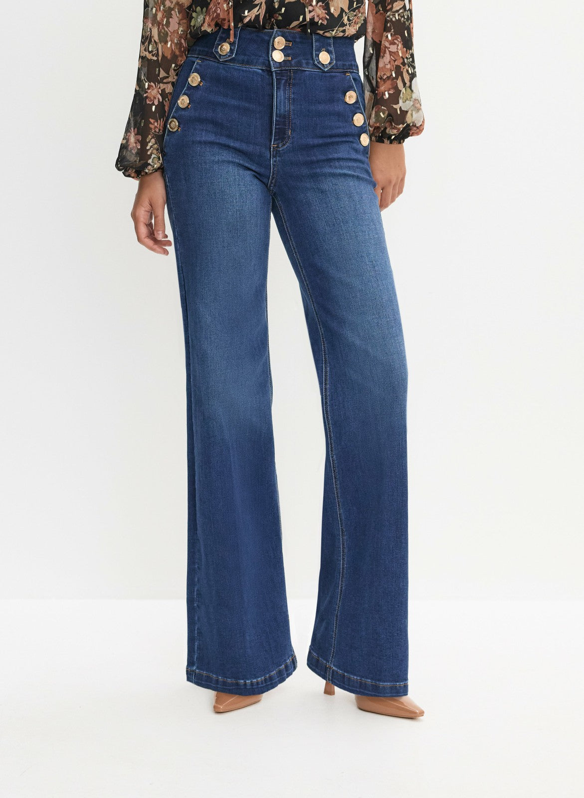 Women Embossed Button Detail Jeans Medium Blue | Melanie Lyne