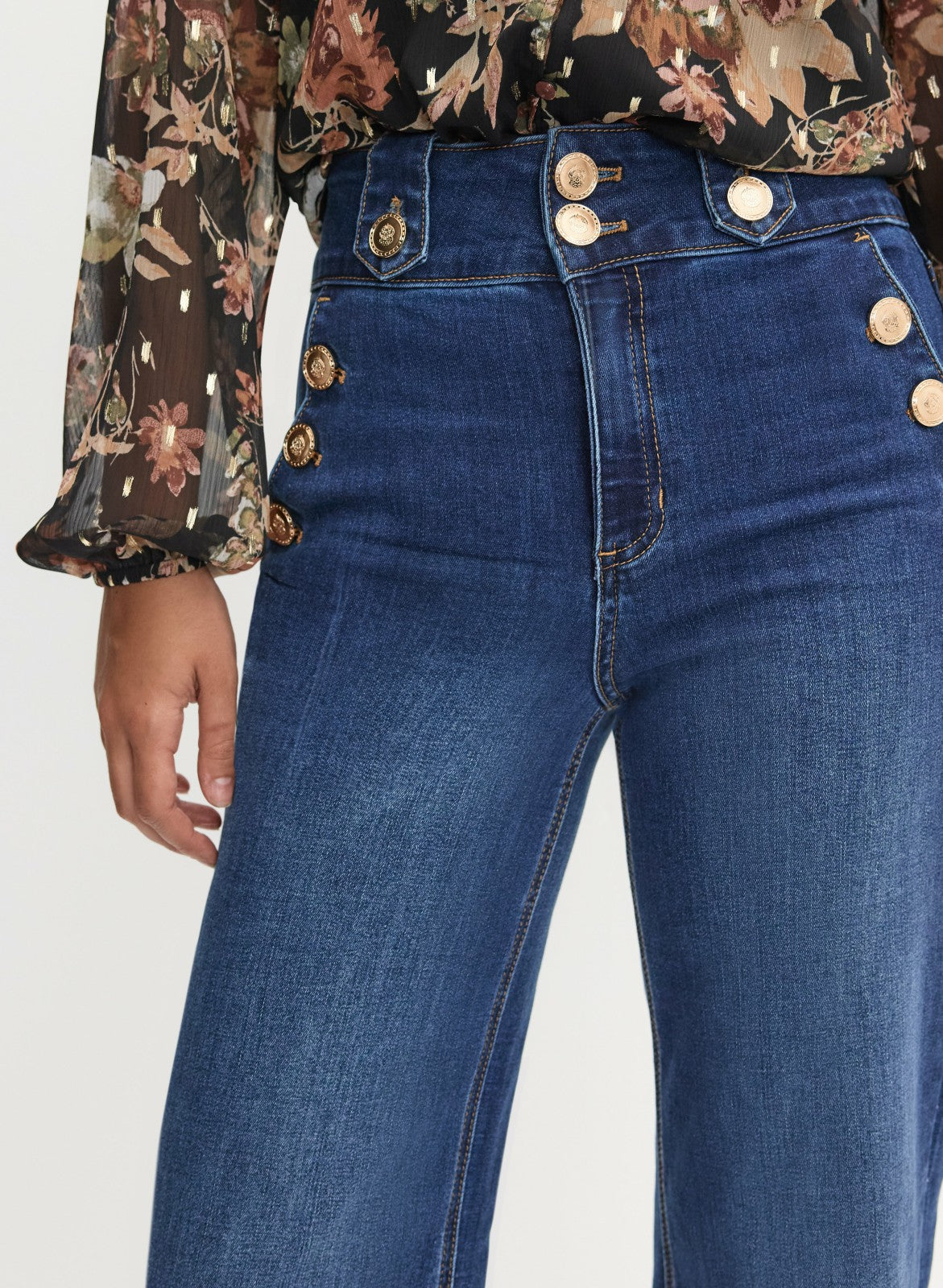 Women Embossed Button Detail Jeans Medium Blue | Melanie Lyne
