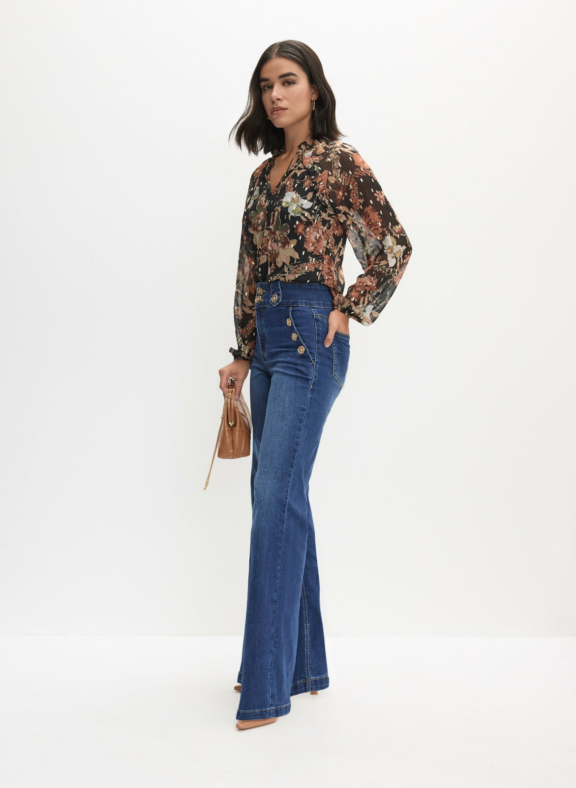 Women Embossed Button Detail Jeans Medium Blue | Melanie Lyne