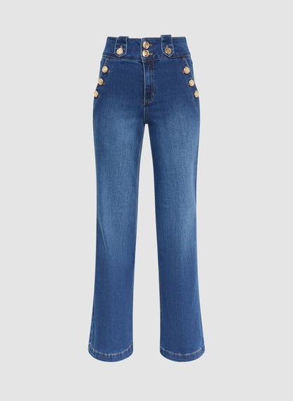 Women Embossed Button Detail Jeans Medium Blue | Melanie Lyne