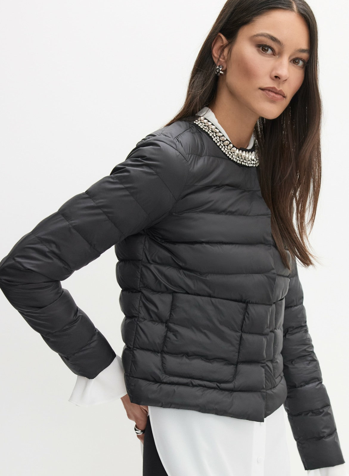 Women Embellished Collar Puffer Jacket Black | Melanie Lyne