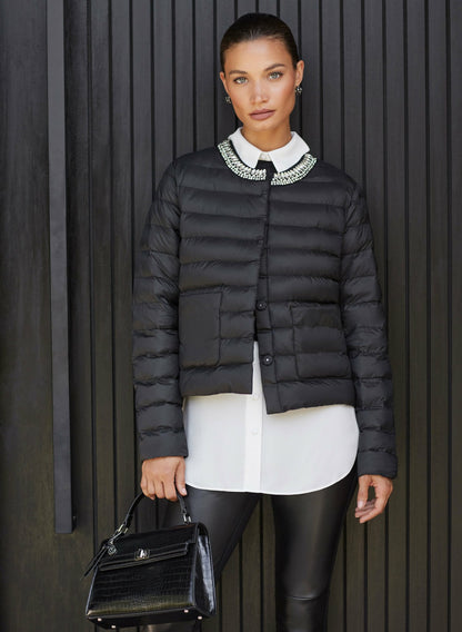 Women Embellished Collar Puffer Jacket Black | Melanie Lyne
