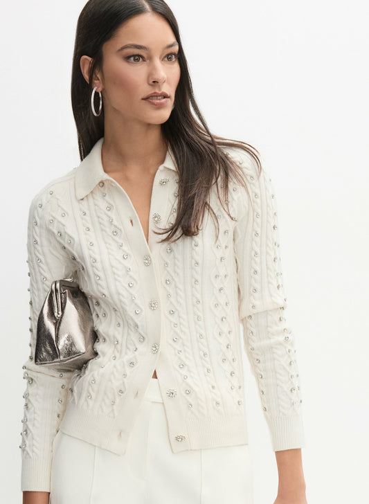 Women Embellished Knit Polo Cardigan Panna | Melanie Lyne