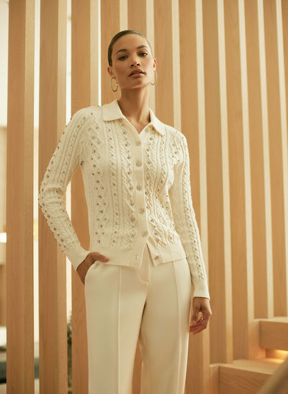 Women Embellished Knit Polo Cardigan Panna | Melanie Lyne
