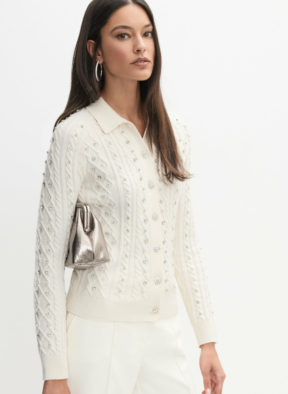 Women Embellished Knit Polo Cardigan Panna | Melanie Lyne
