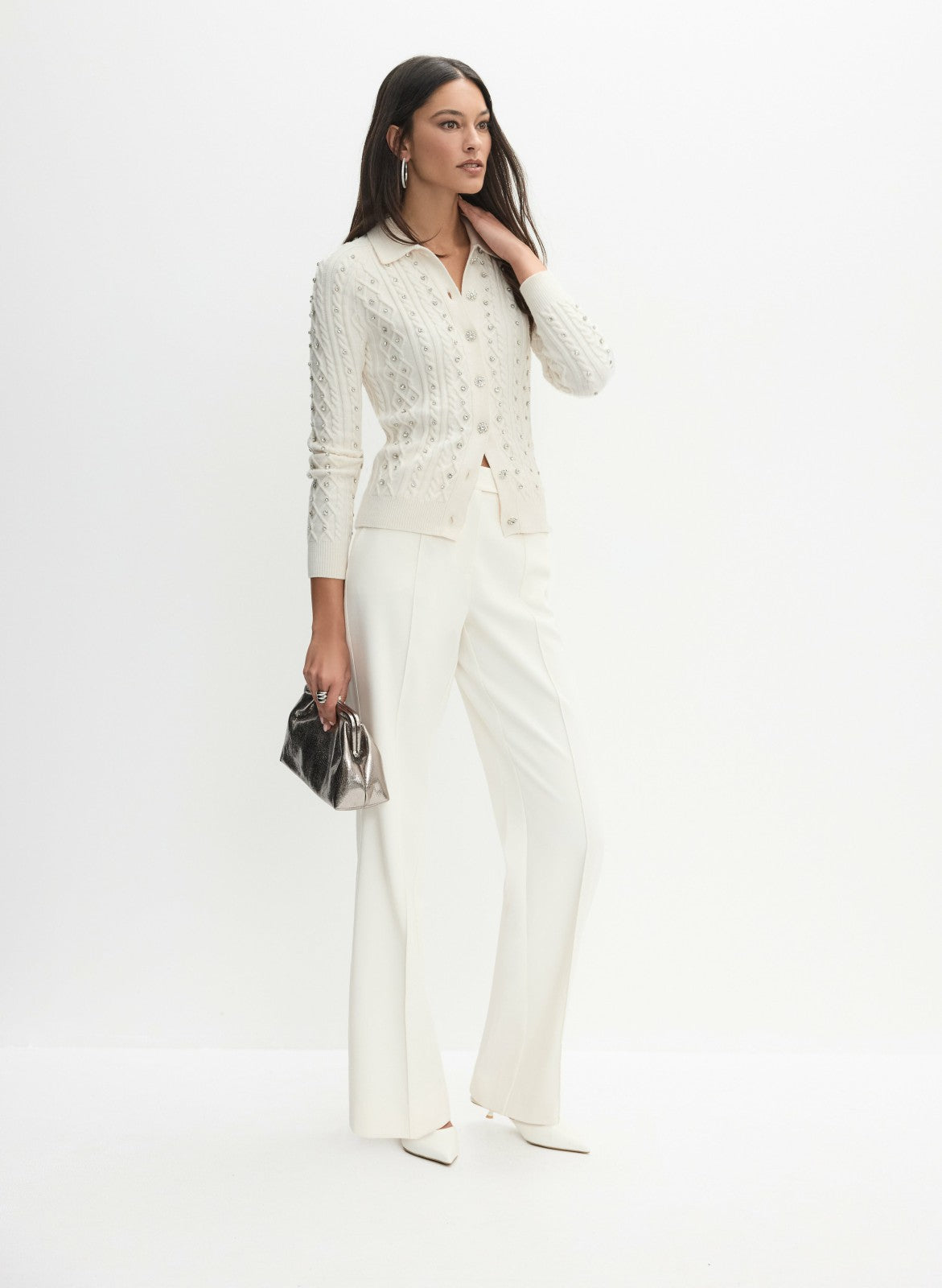 Women Embellished Knit Polo Cardigan Panna | Melanie Lyne