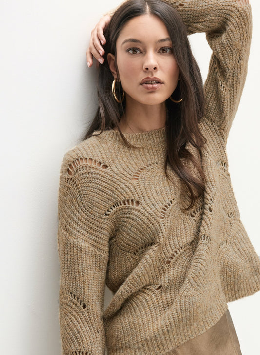Women Open Knit Pullover Sweater Dark Oatmeal | Melanie Lyne